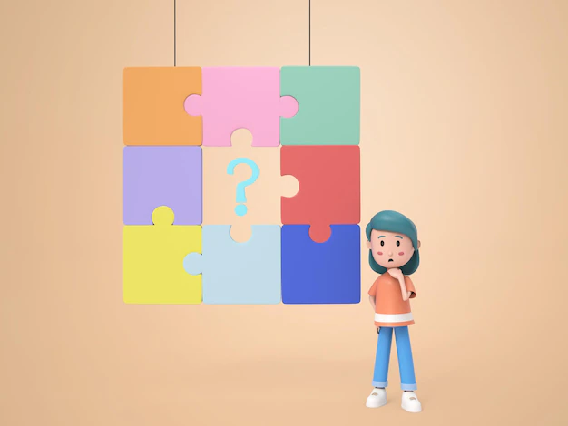 3d illustratioan character young woman thinking with missing pieces of puzzle trying to find a solution searching idea brainstorming concept rendering 1150 57218