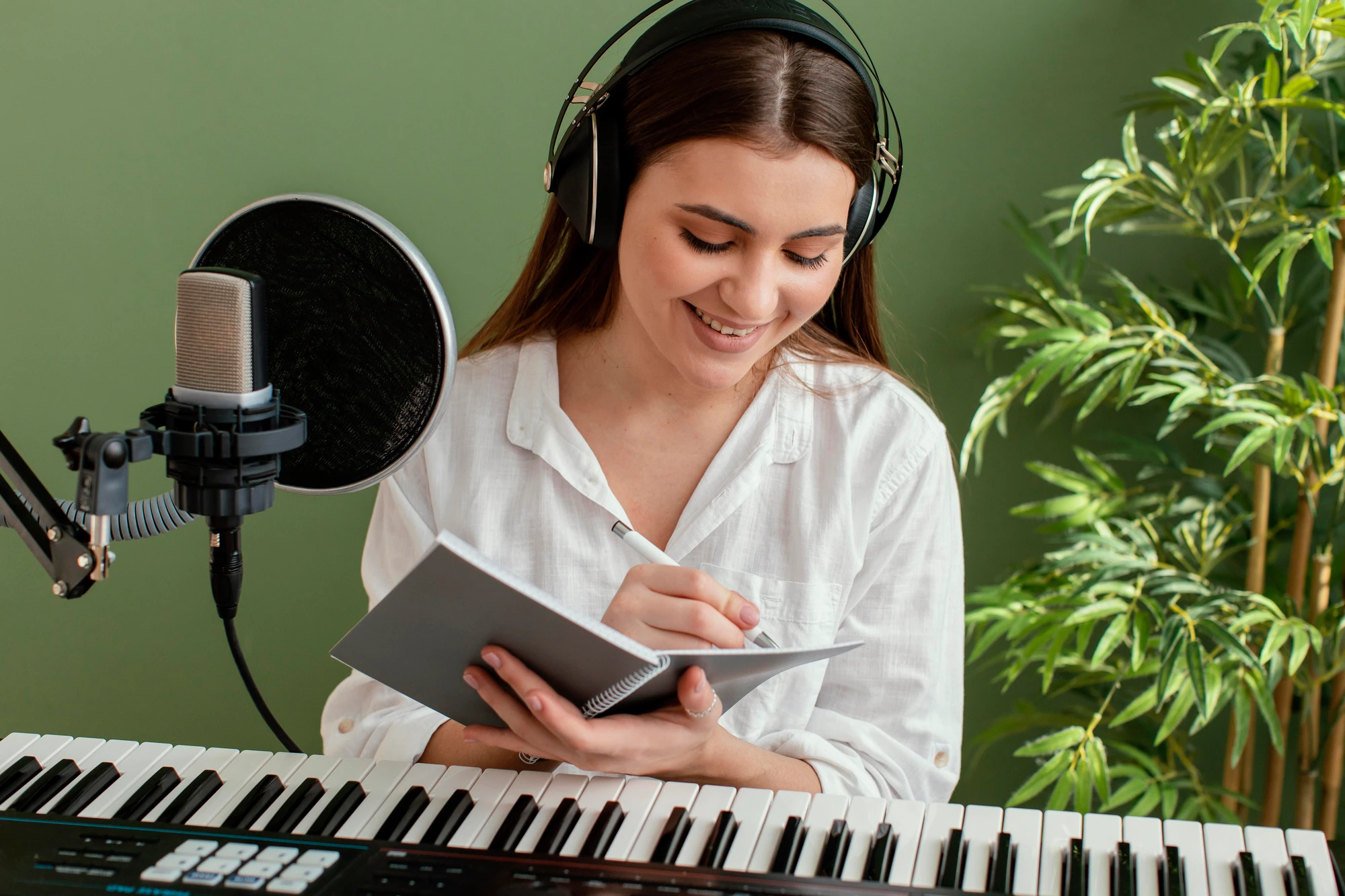 front view of smiley female musician playing piano keyboard and writing songs while recording 23 2148890829