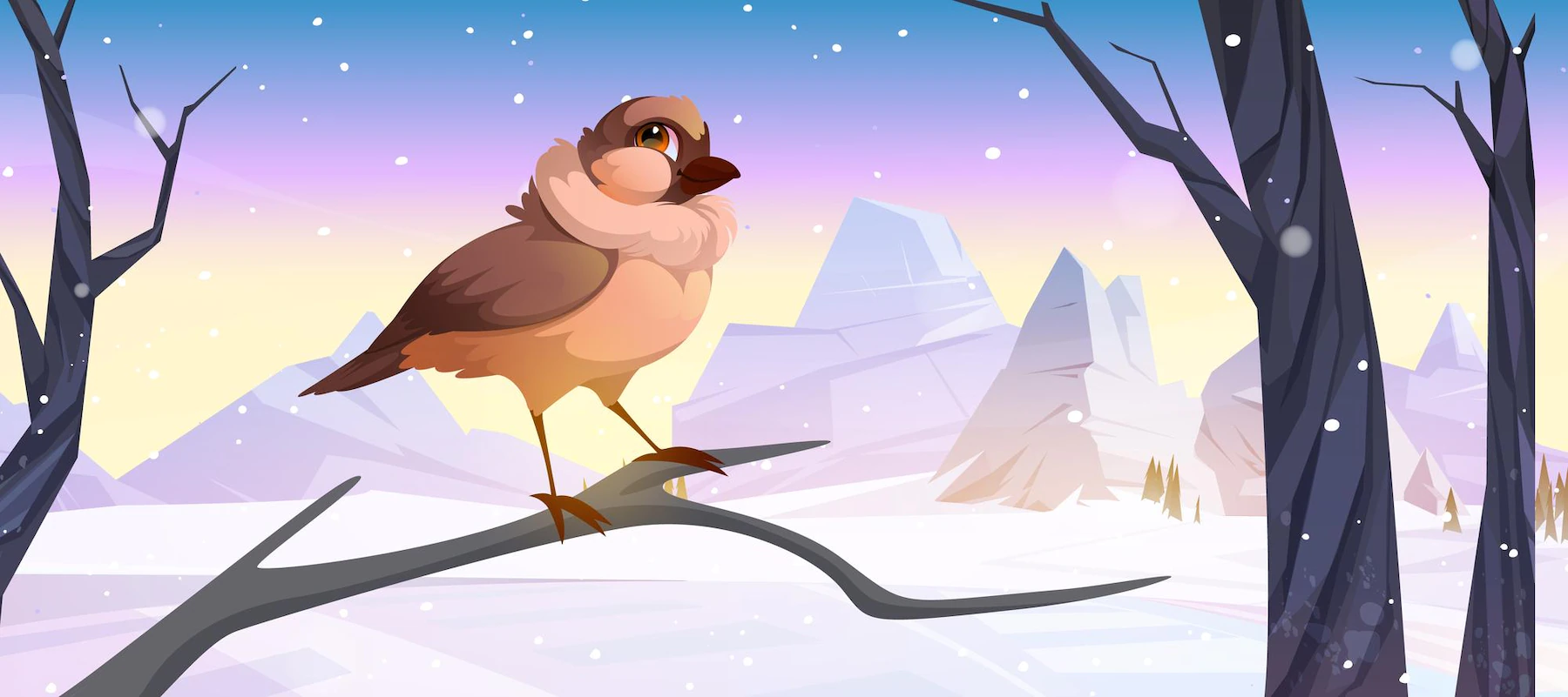 cartoon sparrow bird sitting branch wild nature wintertime background with falling snow bare trees mountain peaks cute birdie with brown feathers winter landscape vector illustration 107791 11583