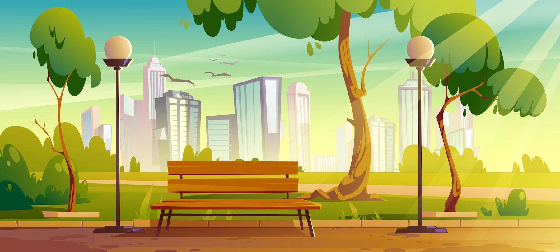 city park with green trees grass wooden bench lanterns town buildings skyline 107791 5378