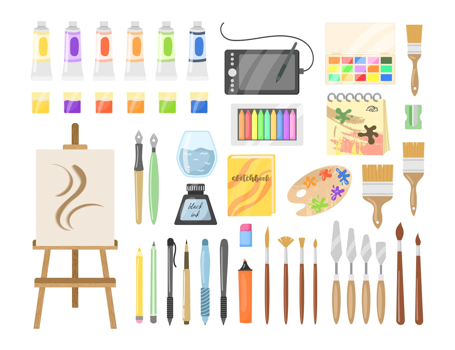 different art supplies vector illustrations set tools equipment painting drawing paint tubes brushes pencils watercolor isolated white background art craft creativity concept 74855 21781