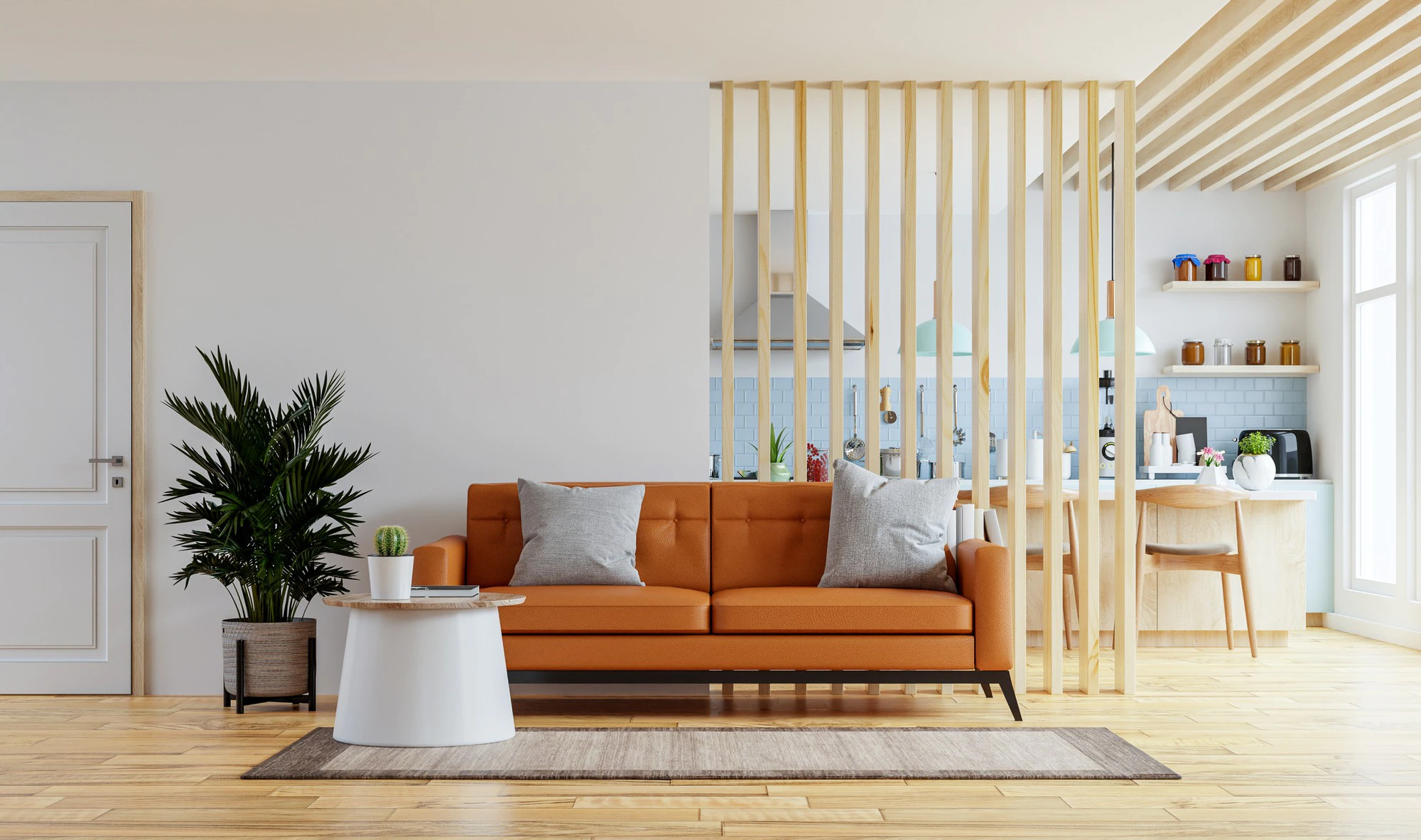 living room interior wall mockup in warm tones with leather sofa which is behind the kitchen 3d rendering 41470 3753