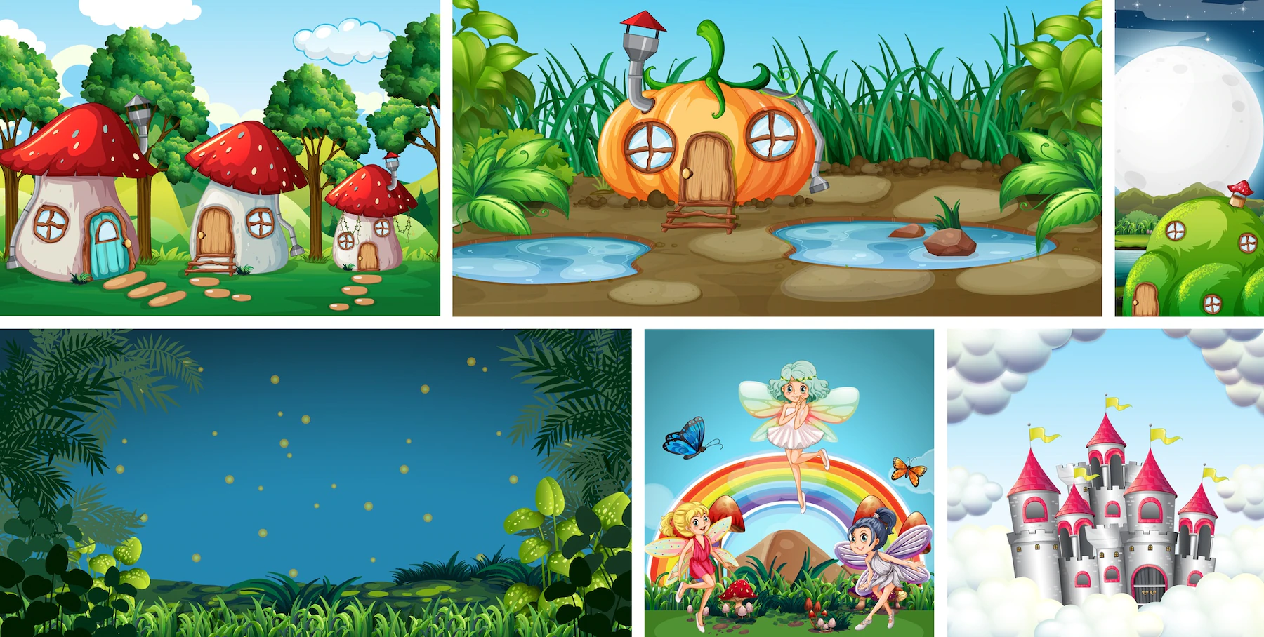 six different scene of fantasy world with fantasy places and fantasy character such as fairies 1308 49811