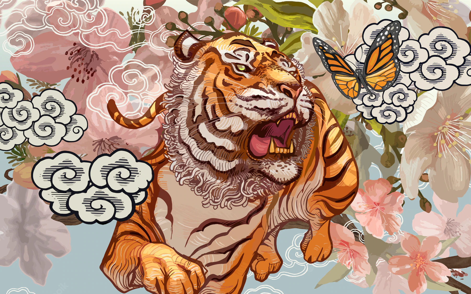 tiger and butterfly amid cherry blossom illustration 53876 25347