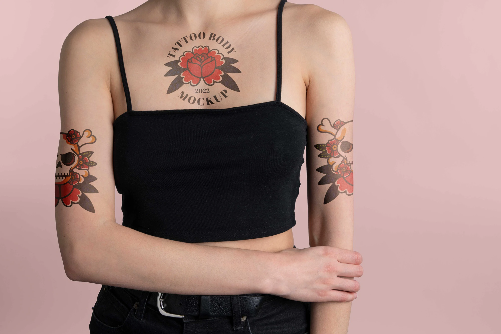 woman with tattoo mock up on chest and arms 23 2149447891