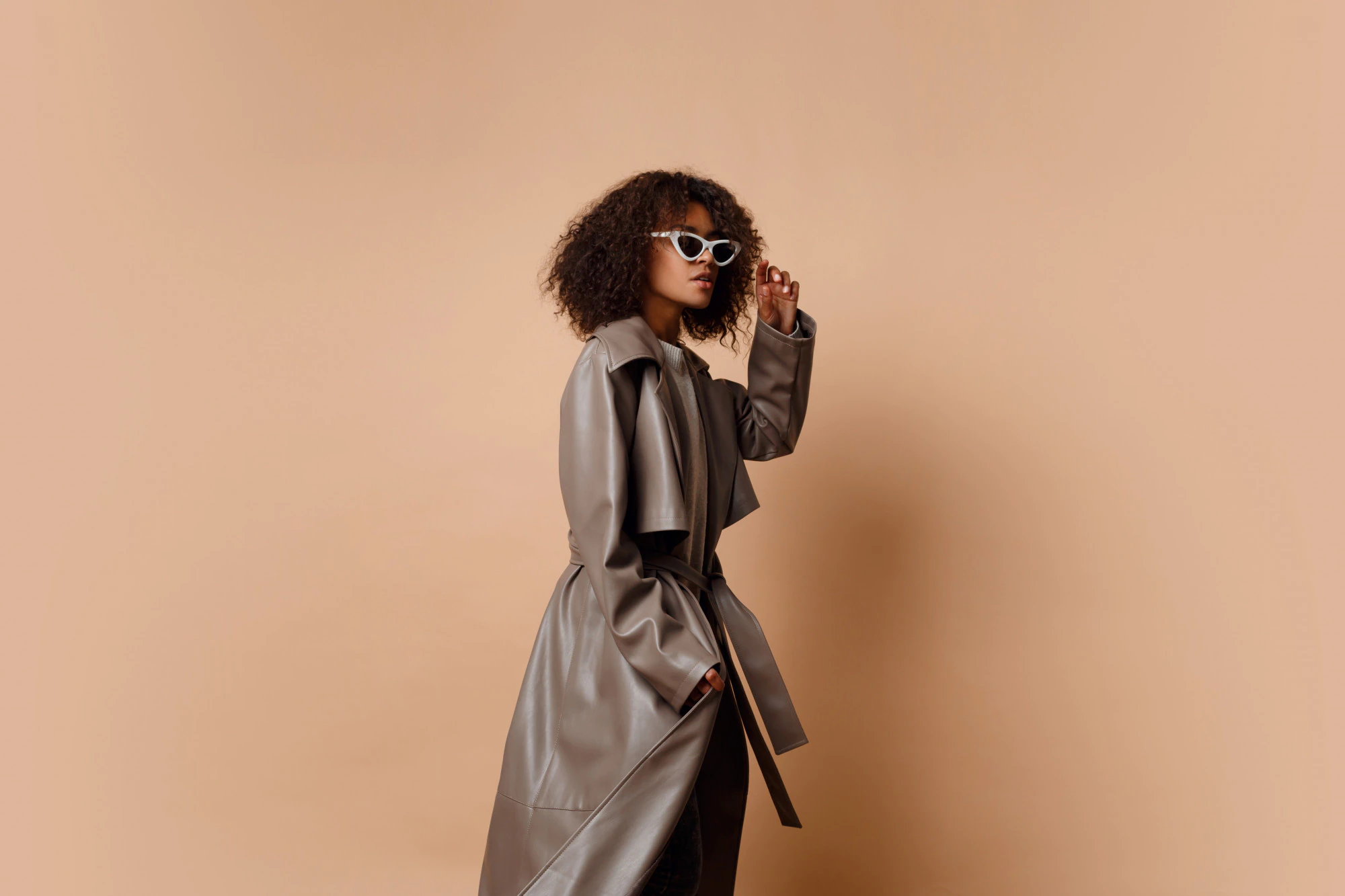 black woman trendy grey leather jacket posing beige background studio winter autumn fashion look 273443 141