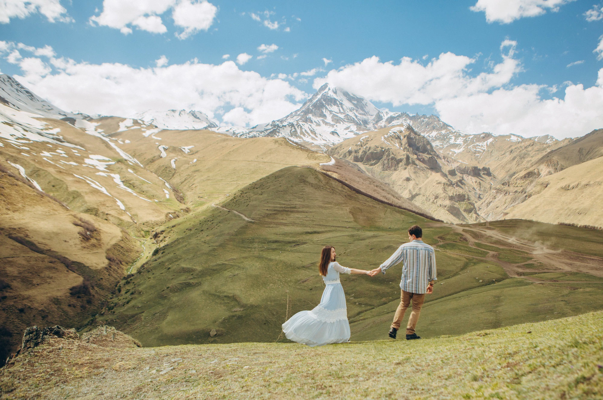 loving couple walks background high mountains with glaciers peak 8353 5767