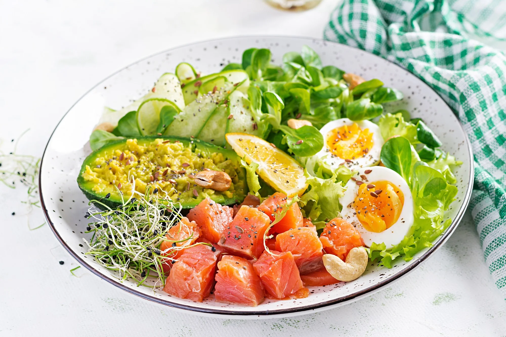 ketogenic diet breakfast salt salmon salad with greens cucumbers eggs avocado keto paleo lunch 2829 20254