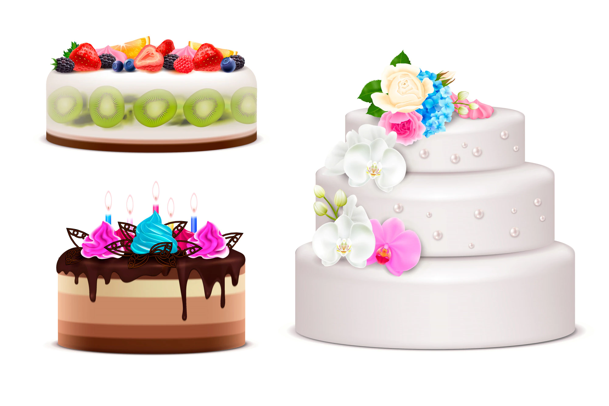 realistic set birthday wedding festive cakes decorated by cream bouquet lighted candles fresh fruits isolated illustration 1284 31187