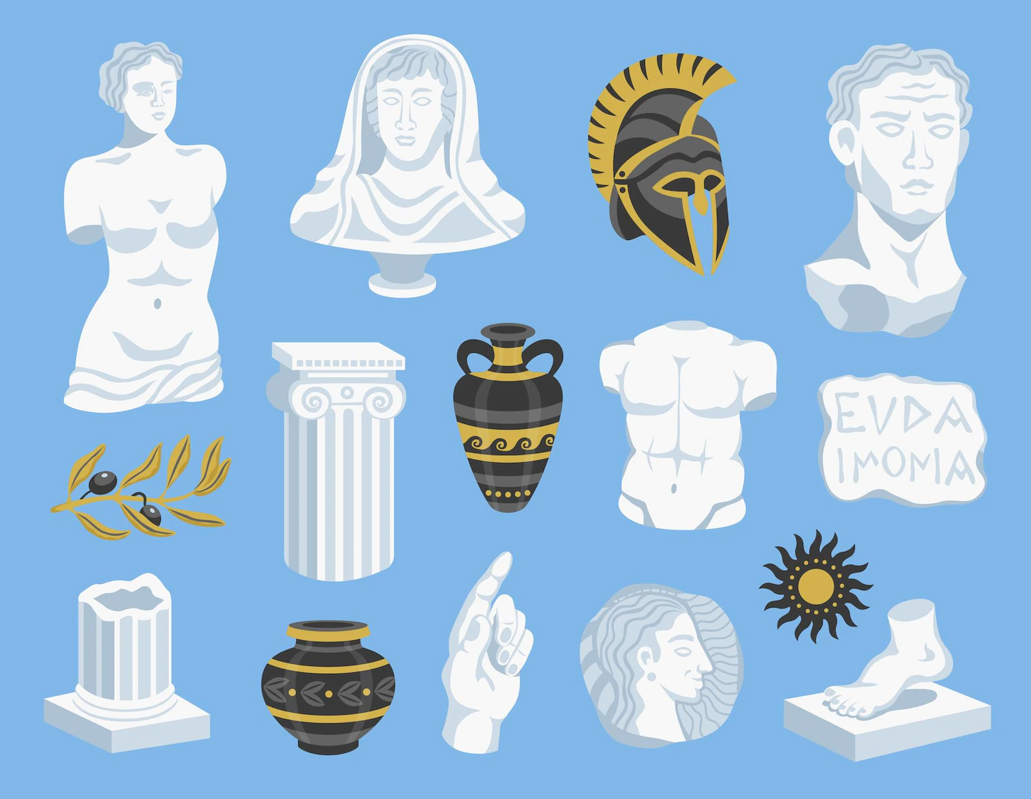set isolated antique statues signs icons with images ancient helmets portrait sculptures vector illustration 1284 70908