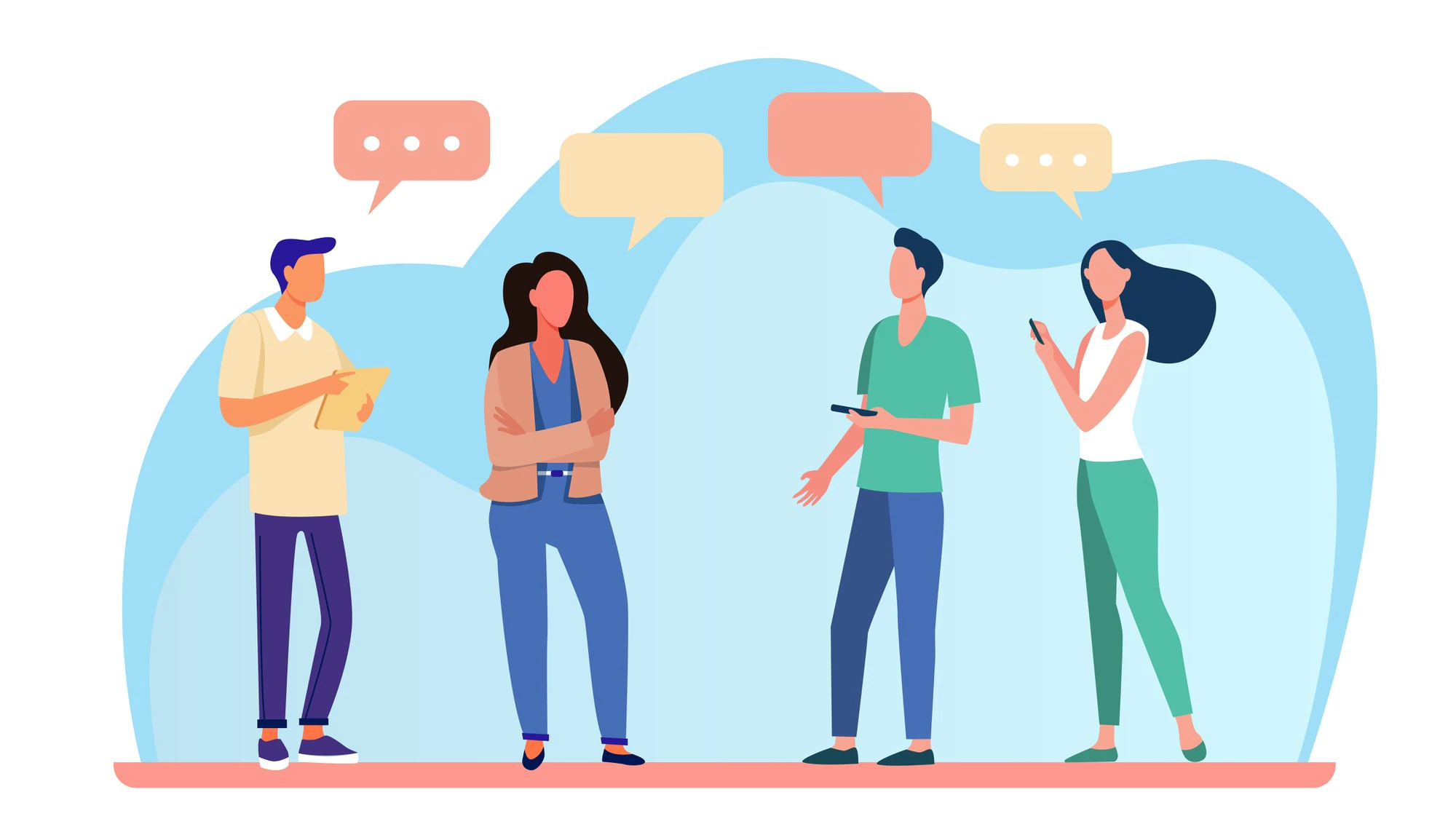 young people standing talking each other speech bubble smartphone girl flat vector illustration communication discussion 74855 8741