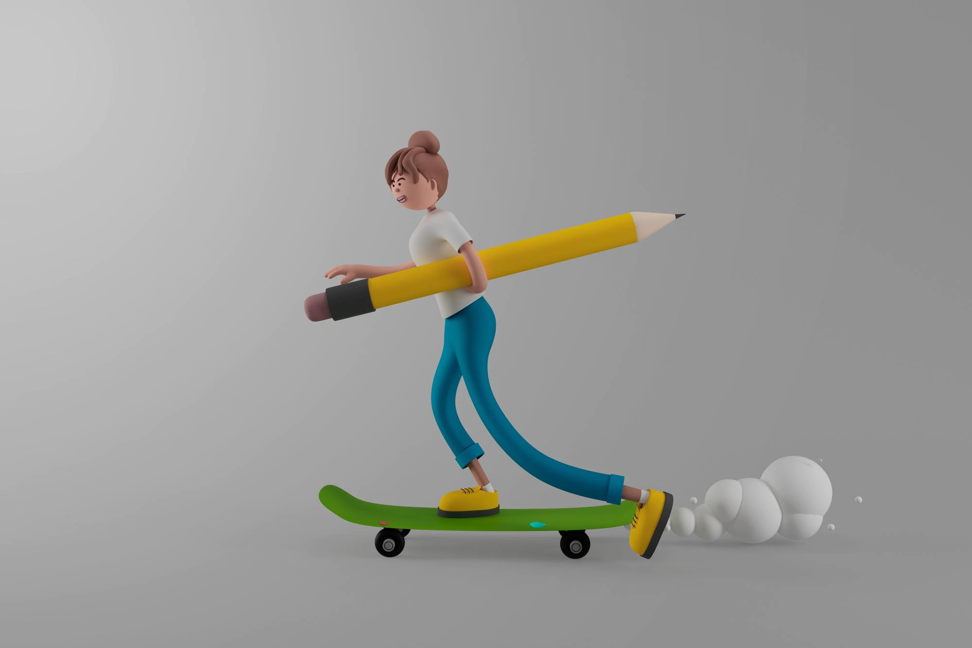 young woman holding pencil skateboard isolated background education concept 3d illustration cartoon characters 1150 63074