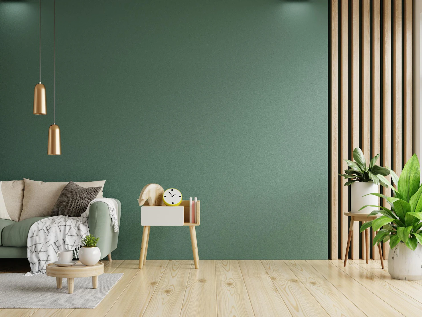 green sofa with table green wall wooden flooring 41470 4689