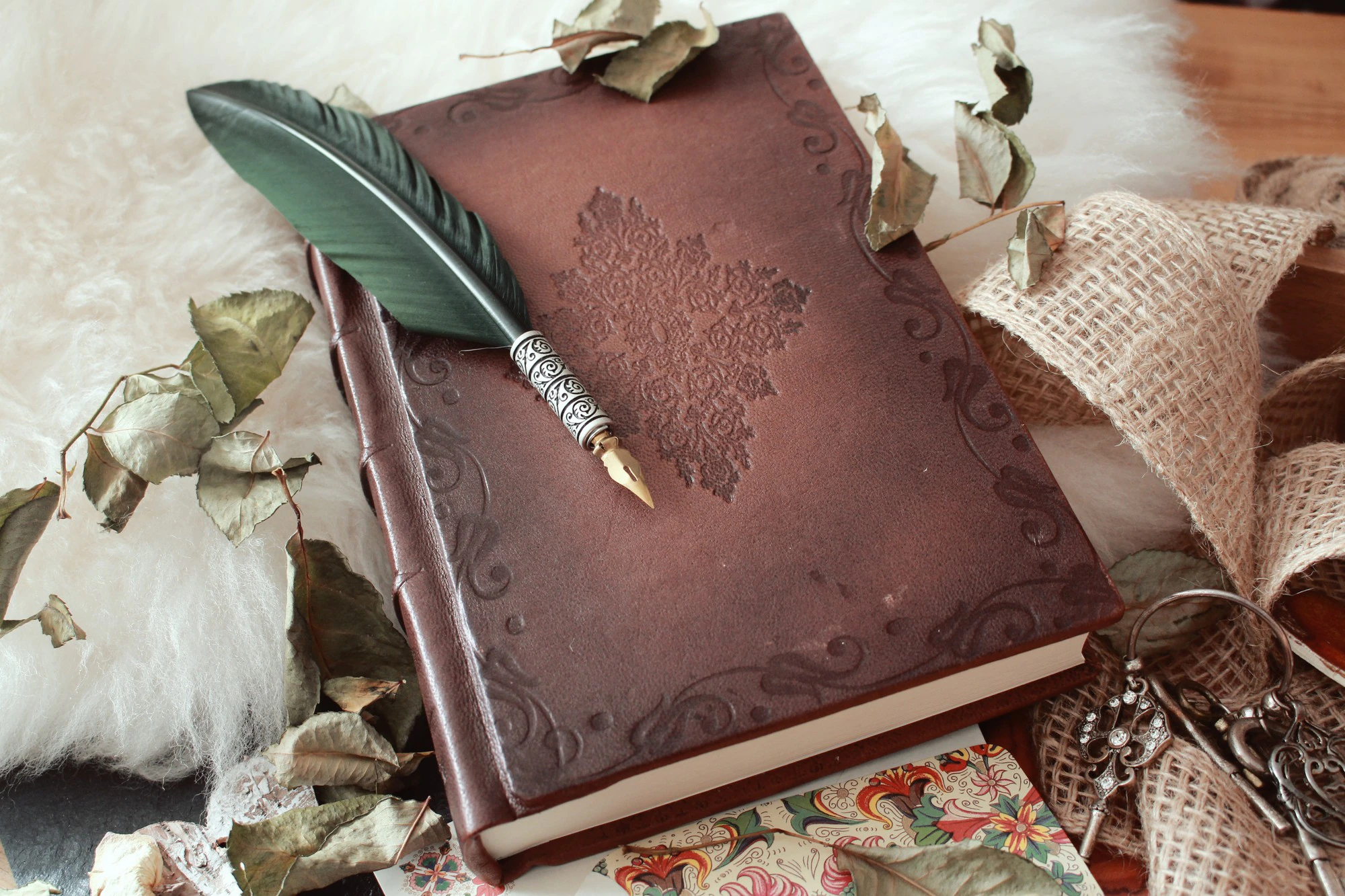 high angle shot quill pen old book covered with dried flower petals 181624 15306