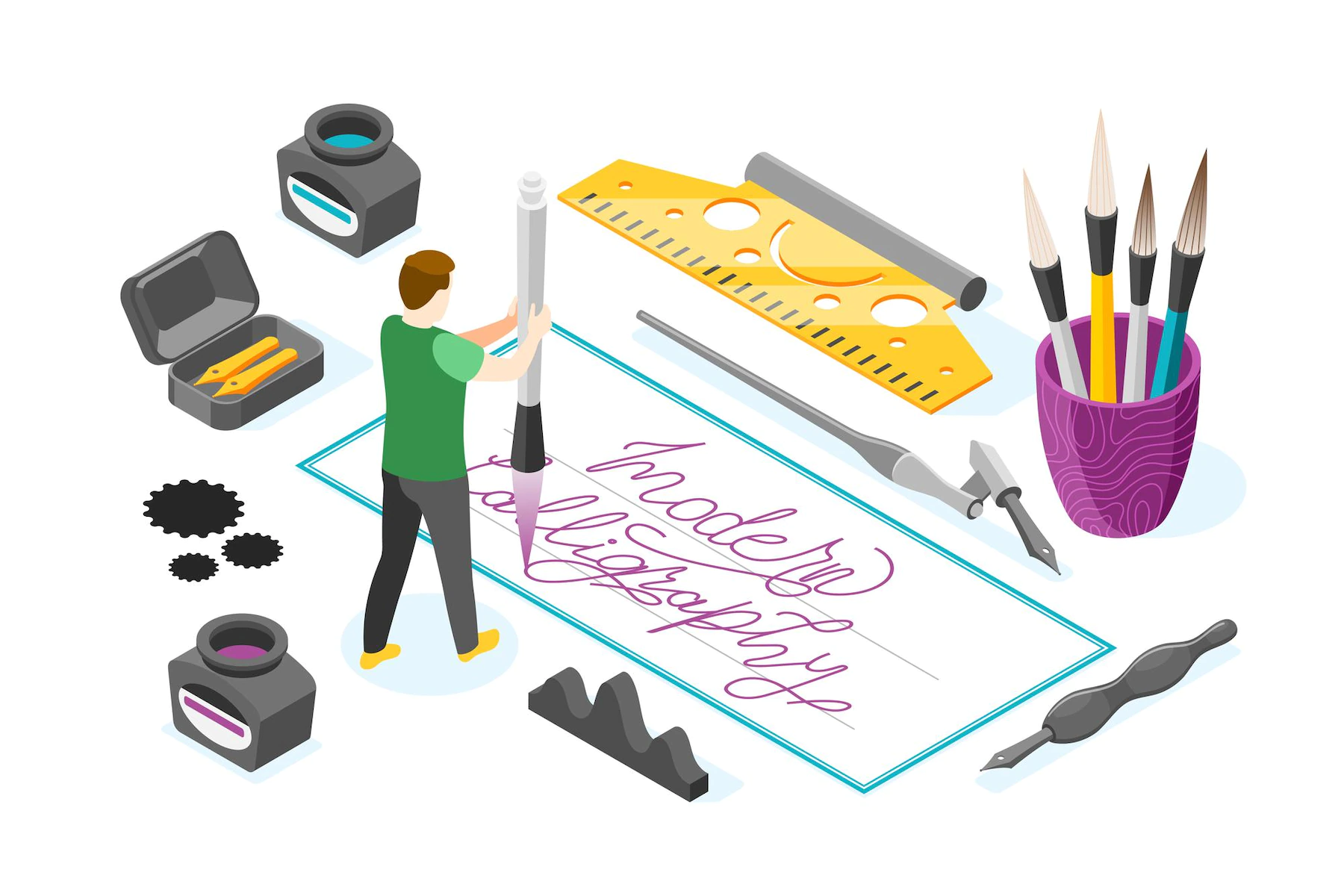 illustration with male character holding ink pen surrounded by images writing tools illustration 1284 64435
