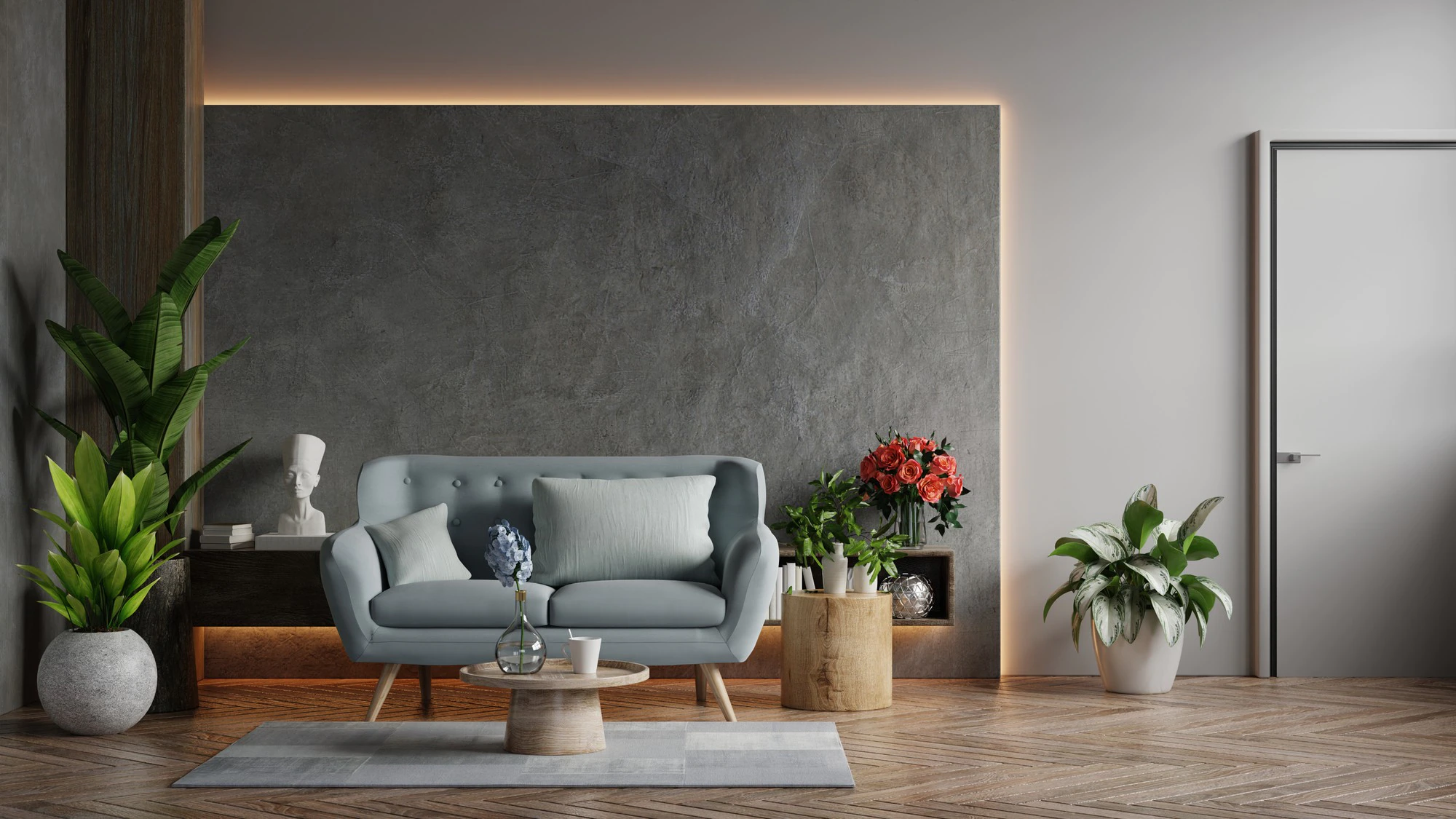 living room loft industrial style with blue sofa empty concrete wall 3d rendering 41470 3581