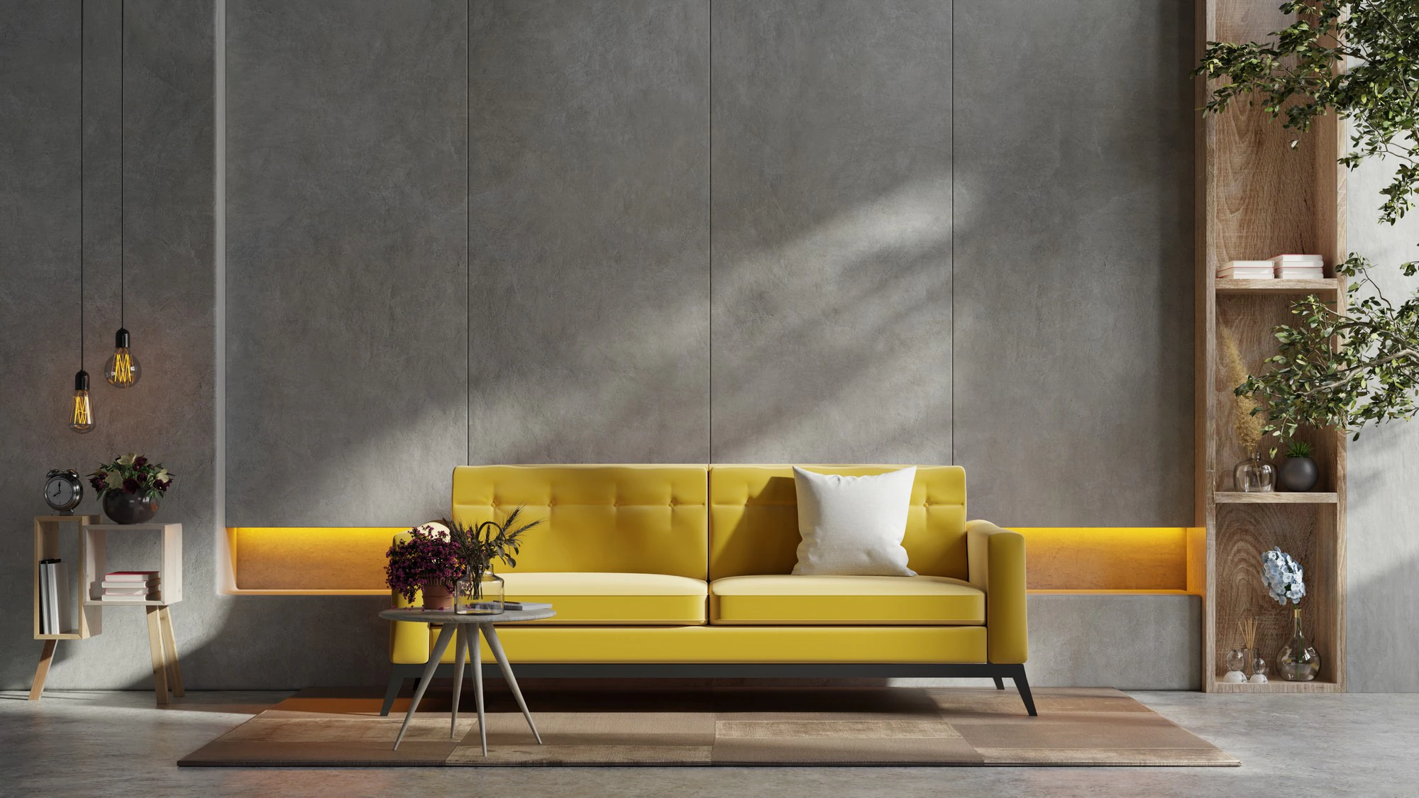 yellow sofa wooden table living room interior with plant 41470 3559